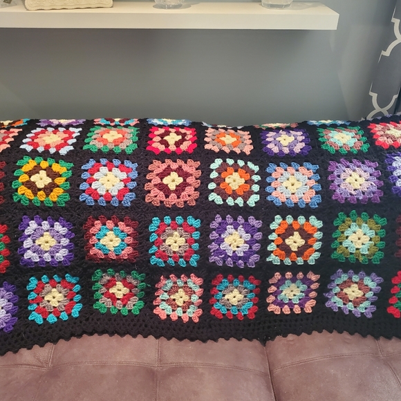 Vintage Other - Handmade Granny Square Crochet Afghan Throw Blanket, Black/Multi 60" x 65.5"
